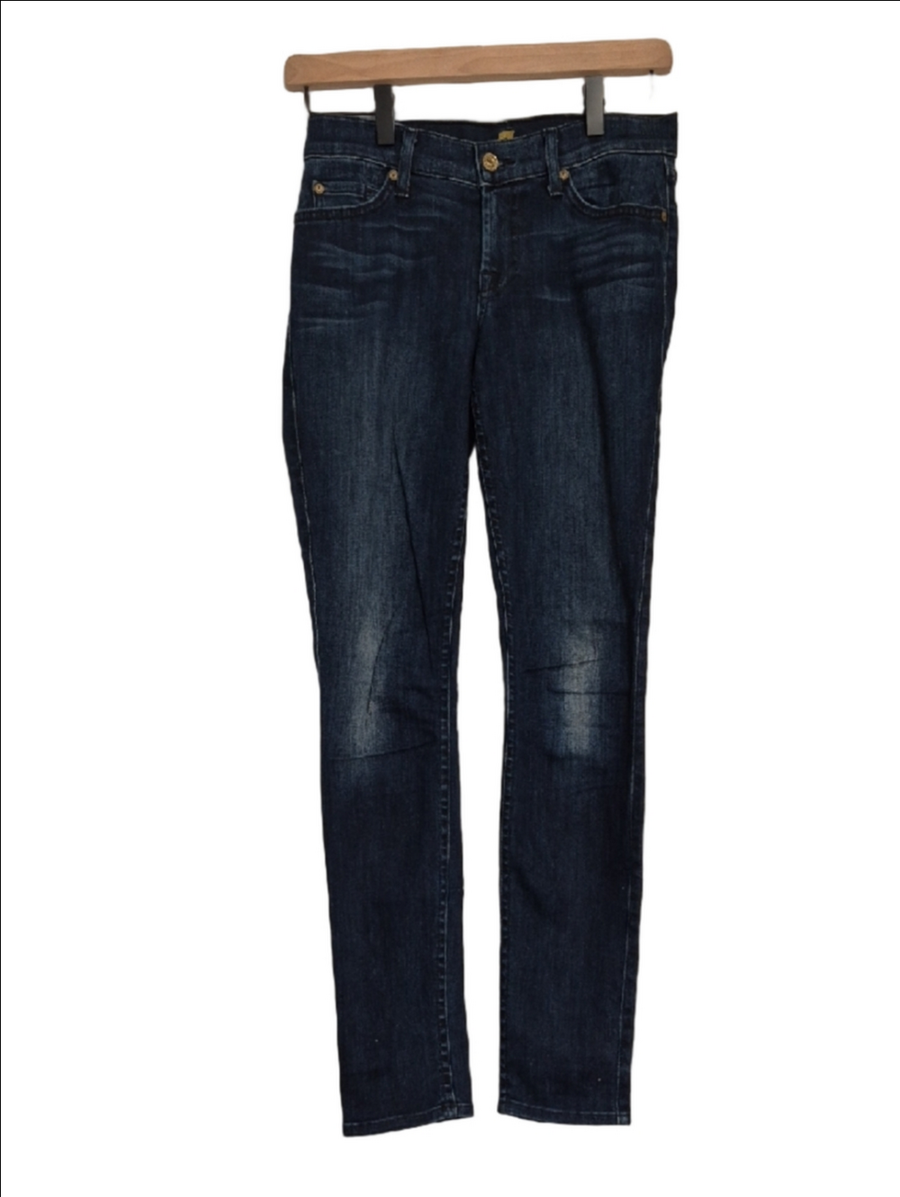 7 For All Mankind Dark Blue Skinny Jeans with Gold Stitching Size 24